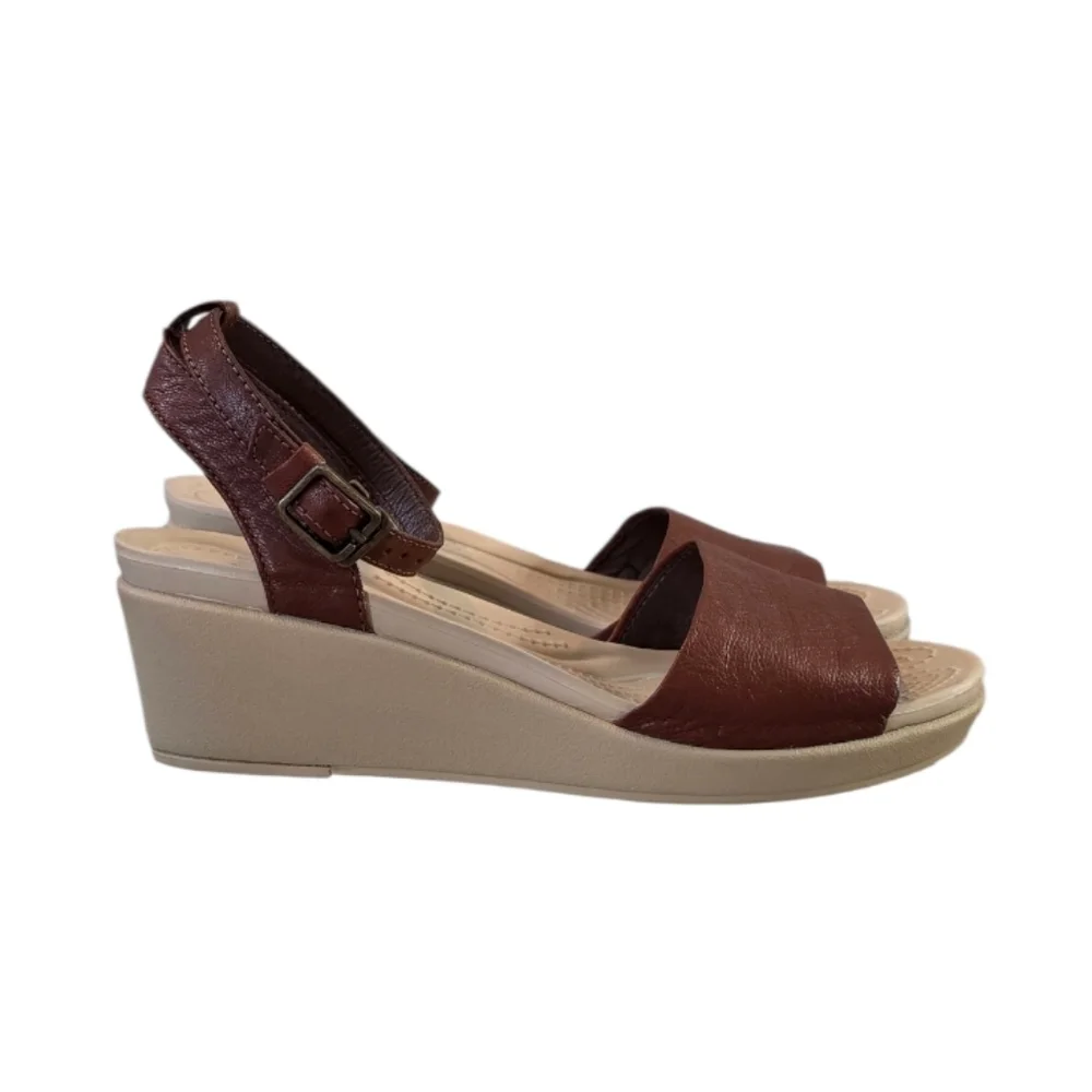 Crocs Leigh Ann Brown Leather Ankle Strap Wedge Sandal Size 6W - Picture 3 of 8